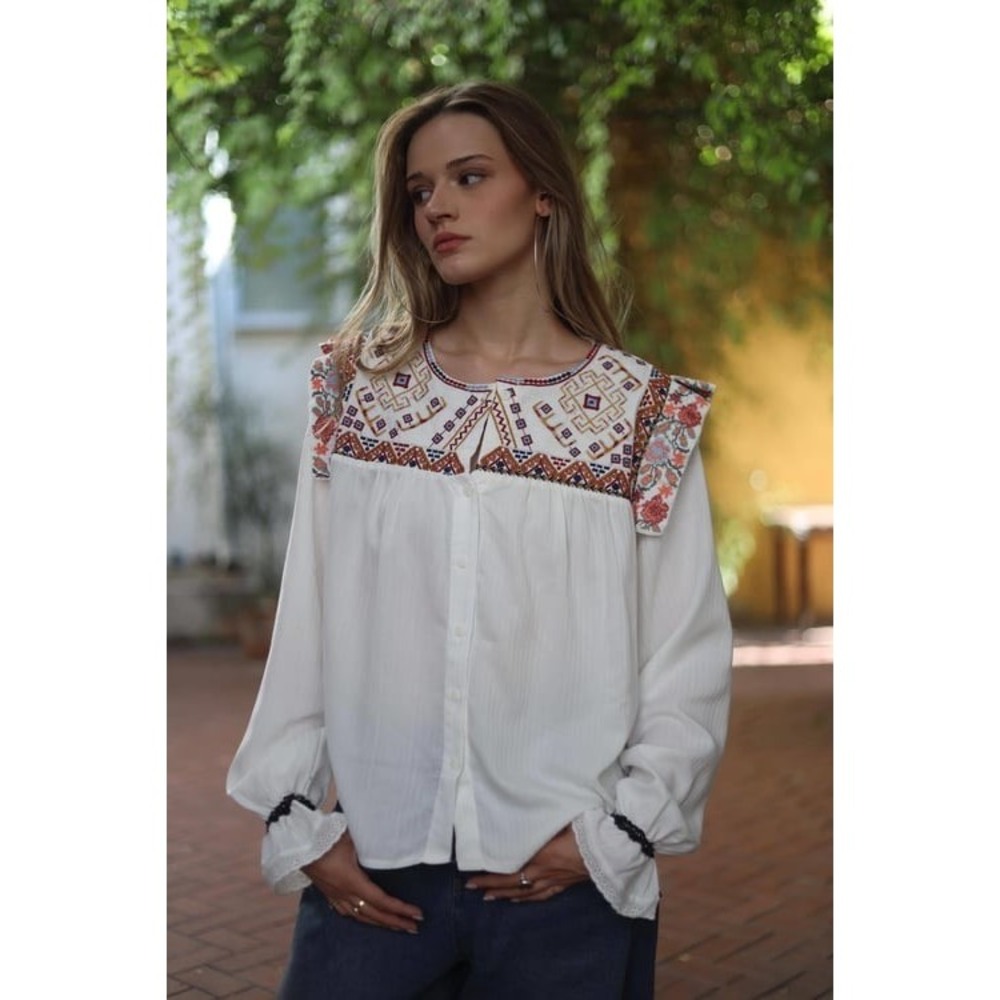 ANTIK BATIK Bernadette Embroidered Cotton Blouse White Boho Bohemian Small 38